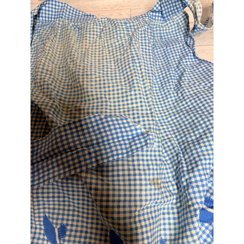 Vintage Blue Gingham Half Apron Dutch Girl Sunbonnet Scalloped Print Grannycore